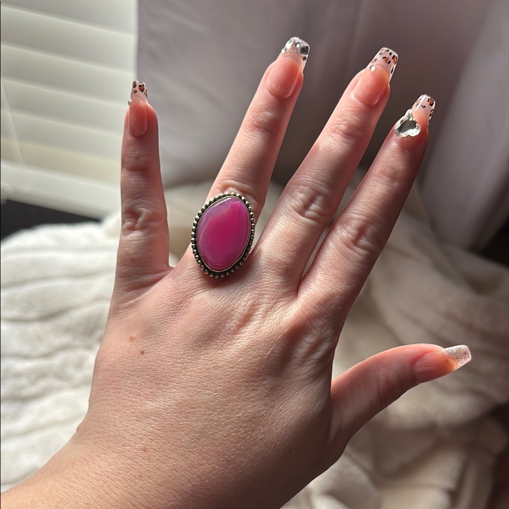 Pink Oval Stone Silver Ring Adjustable